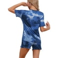 thumbnail image 3 of Conjunto de pijama de teñido anudado para mujer INSPIRE CHIC, camiseta de cuello redondo de manga corta con pantalones cortos, 2 piezas de ropa de casa, sudadera, traje de chándal XS azul profundo, 3 of 5