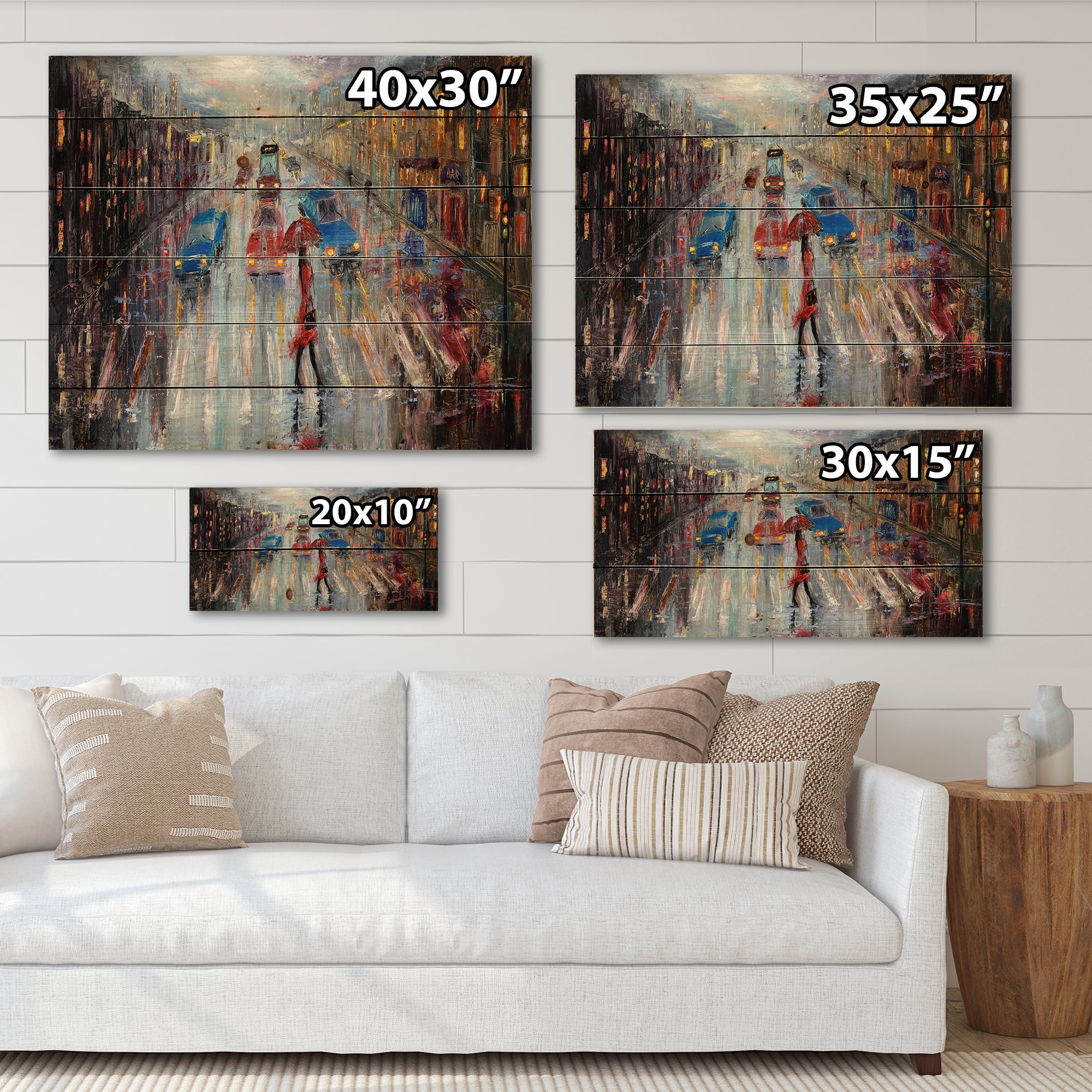Designart 'Girl In Red Crossing The Street' Traditional Print on Natural Pine Wood
