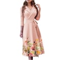 thumbnail image 1 of Robe Femme à Manches 3/4, Col à Revers, Col en V, Coupe Portefeuille Évasée, Robe Trapèze, Imprimé Uni/floral, Robe Blazer de Travail/affaires avec Ceinture, 1 of 7