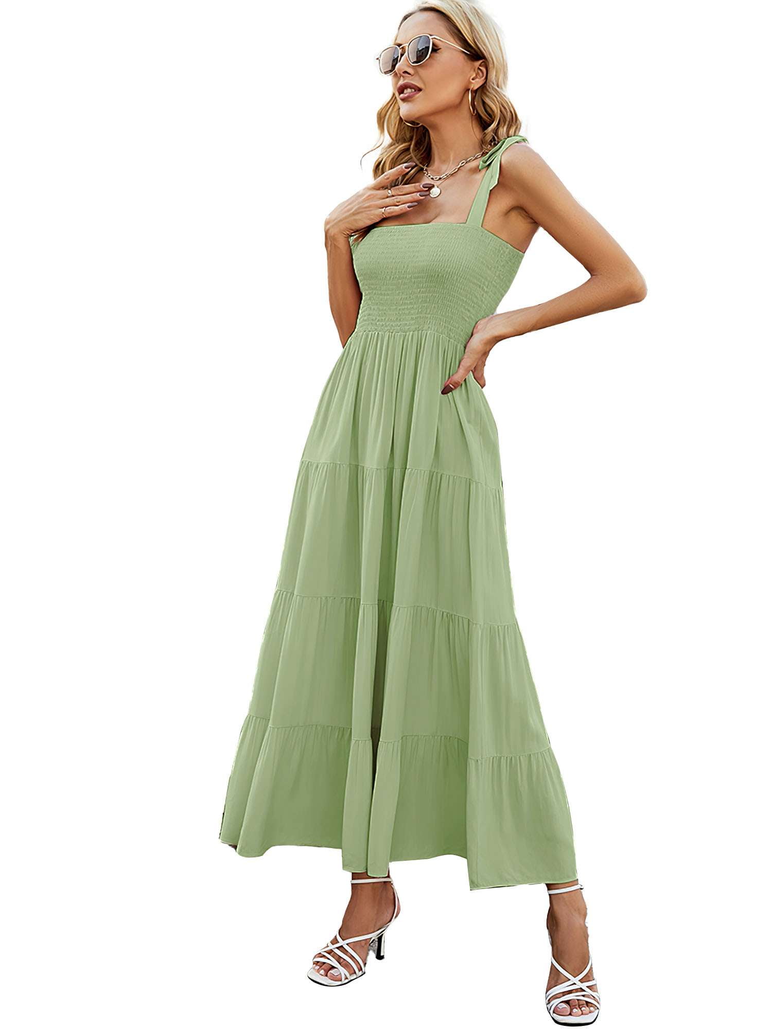 Deago Women's Summer Boho Spaghetti Strap Square Neck Ruffle