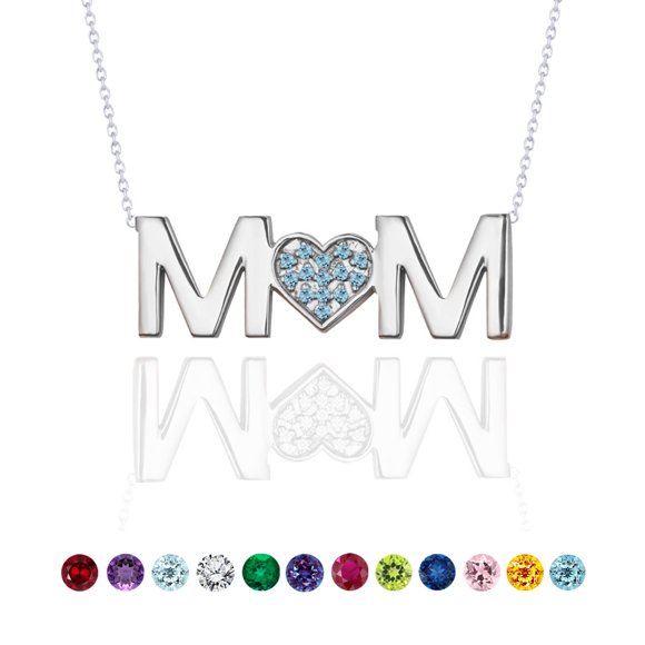 JeenMata MOM Pendant Necklace - Blue Topaz - December Birthstone in 18K White Gold over Sterling Silver