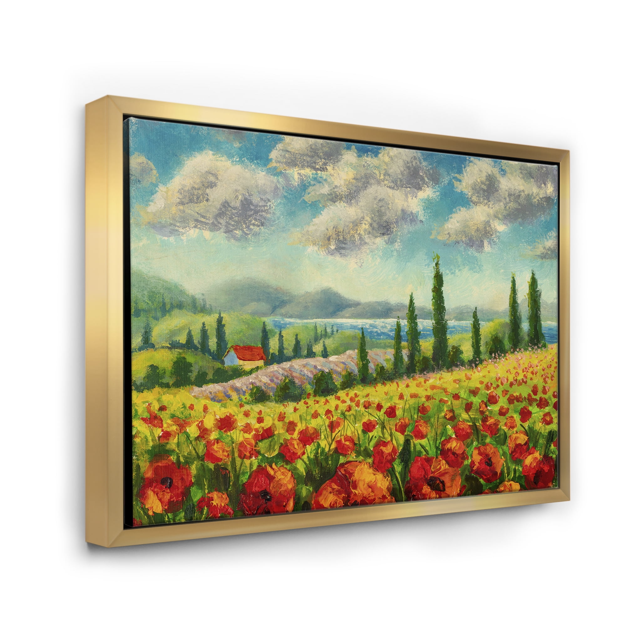 Designart 'Beautiful Landscape With Poppies Flowers By Riverside' Traditional Framed Canvas Wall Art Print