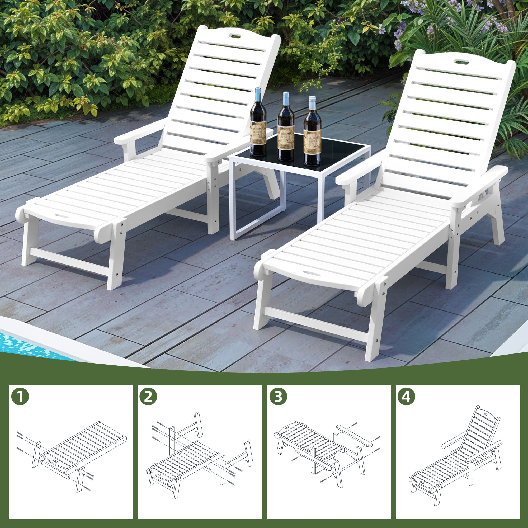 Uforic Outdoor Chaise Lounge Chairs with Adjustable Backrest, Heavy Duty Hips Resin Patio Lounger with Wide Armrest, 2 Pcs