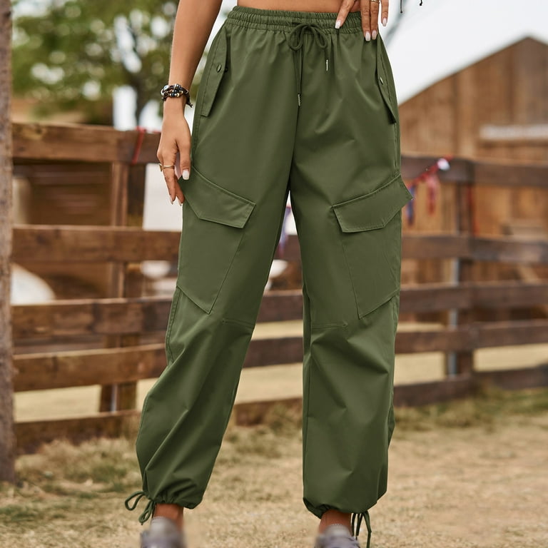 Hvyesh Women's Cargo Pants Baggy Summer Hiking Parachute Pants High Waisted  Drawstring Ankle Cuffs Trouser Hiking Workout Pant Army Green S 
