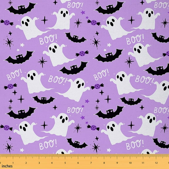 Feelyou Spooky Shost Fabric by the Yard 1 Yard for Boys, Cartoon Bat Sewing Fabric, Purple Halloween Home Decor Fabric by the Yard, Breathable Home Decor
