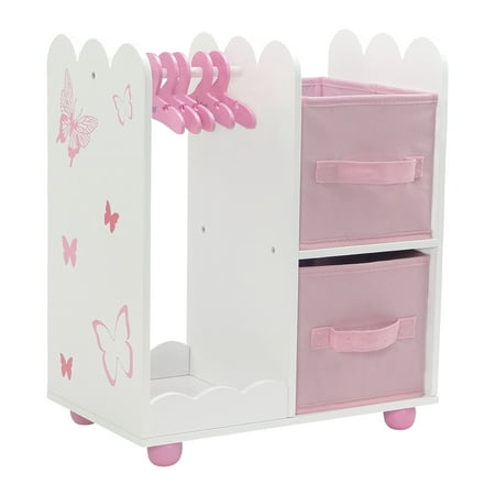 18 inch doll furniture | beautiful pink and white open wardrobe closet with  butterfly detail comes with 5 doll clothes hangers | fits american girl