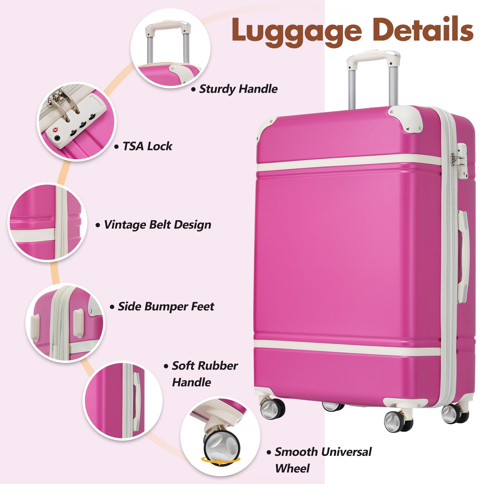 Hardshell Luggage Sets with Bags Lightweight Suitcase Double Spinner Wheels with TSA Lock ,Single Vintage Luggage 24 IN,Pink