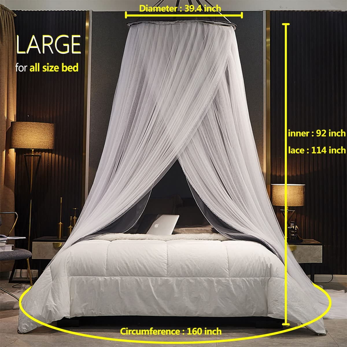 Luxurious Bed Canopy for Girls & Adults - Double Layer Princess Canopy with Lace, Round Dome Mosquito Netting for Queen/King Bed Tent (New Gray)