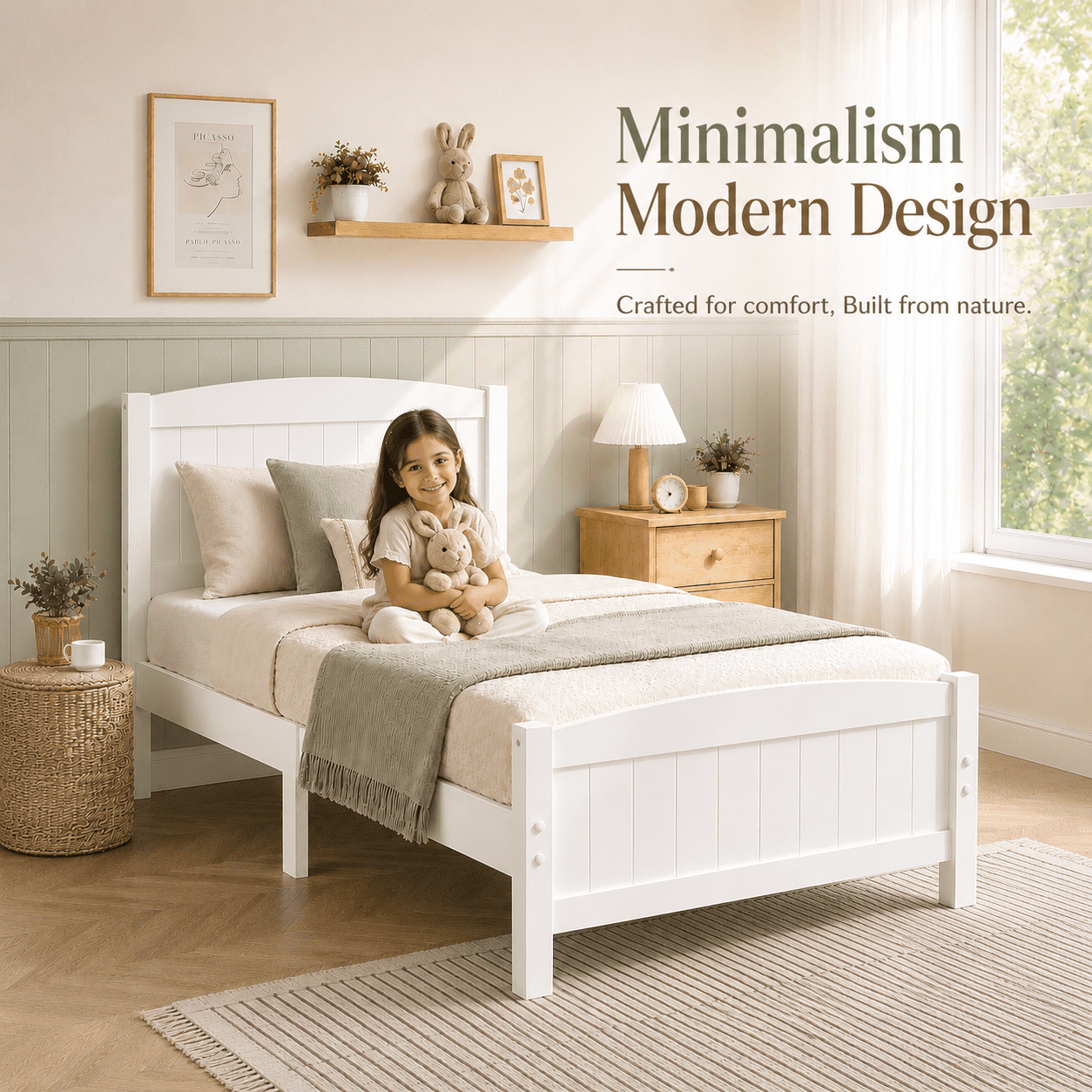 PAPROOS White Wooden Twin Platform Bed Frame with Headboard and Footboard, 330lbs Capacity, Twin Size Bed Frame, No Box Spring Needed