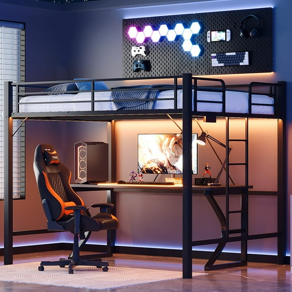 Zimtown Loft Bed Queen Size with LED and Charging Station, Metal Bunk Bed Frame,Heavy Duty Metal Slat Support,Black