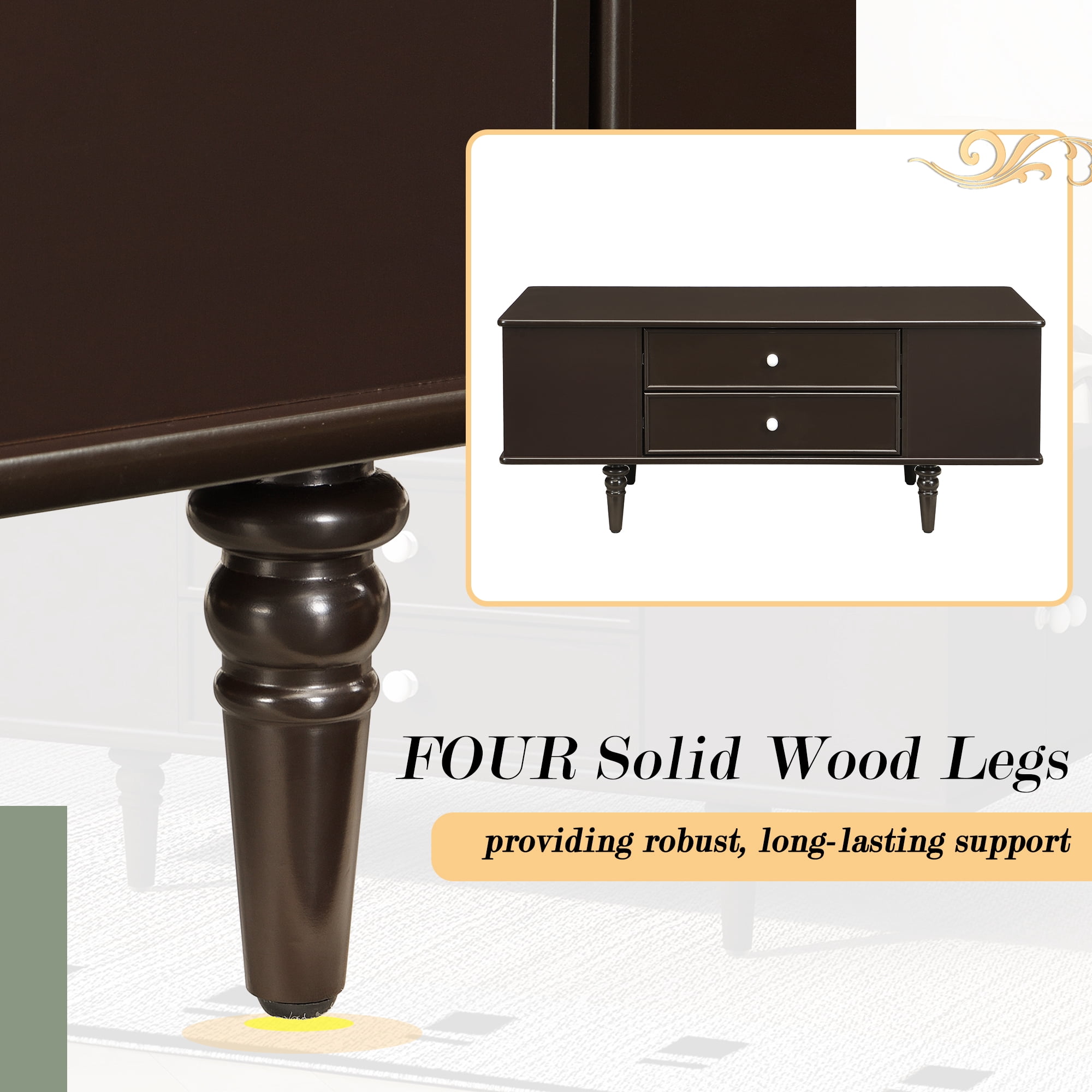 Euroco Modern Multifunctional Coffee Table with 4 Drawers, Hidden Storage Compartments & Side Shelves, Wood Legs, Easy Assembly