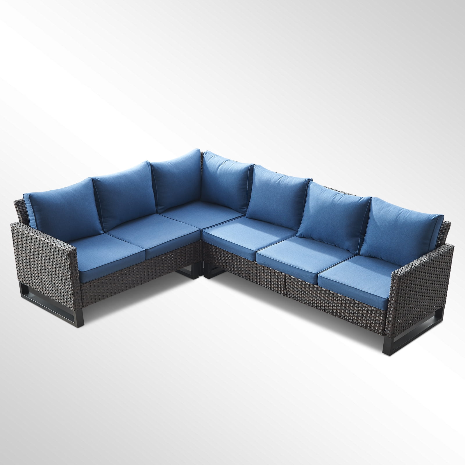 POCASSY Outdoor Furniture Set with Outdoor Sectional Sofa, 102 Inch Width Patio L Shape Sectional Sofa Brown Wicker Rattan Couch for Porch Deck Backyard, Brown/Blue