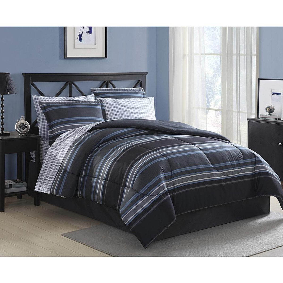 Twin Comforter Set 6 Piece Complete Bedding Set Blue Gray Stripe