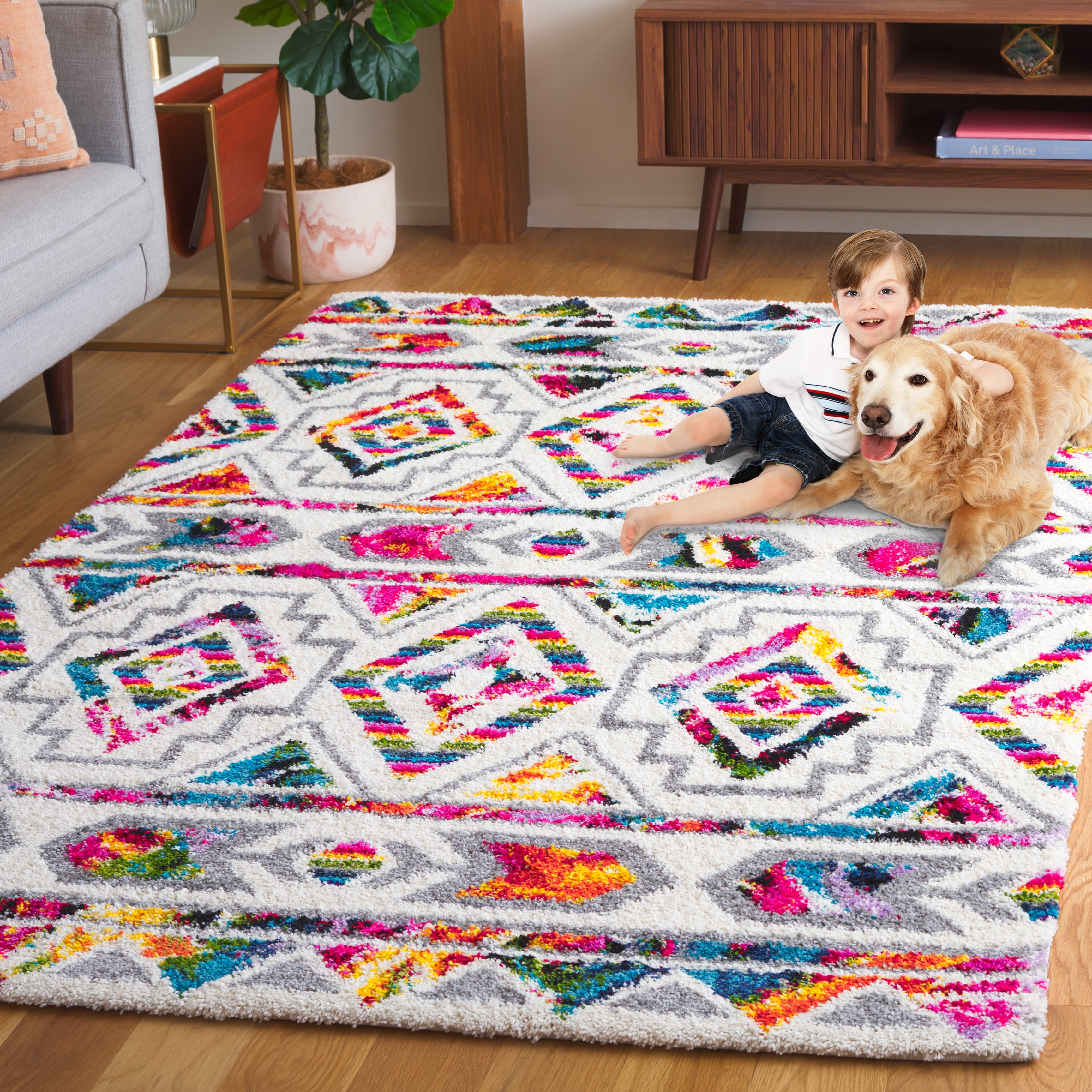 Safavieh Fiesta Shag Geometric Shag Area Rug, Cream/Multi, 9' x 12'