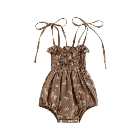 

Qtinghua Newborn Baby Girl Clothes Romper Boho Floral Print Spaghetti Strap Bodysuit Headband Summer Outfits Coffee 6-12 Months
