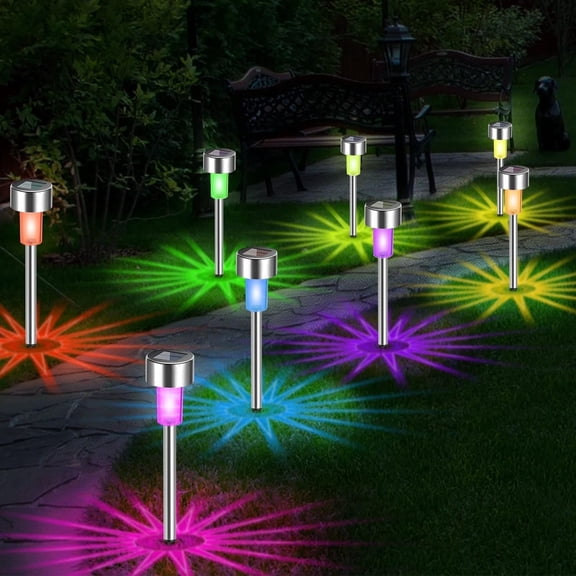 Fohil 10 Pack Solar Pathway Lights Outdoor, Waterproof Solar Garden Lights LED Stainless Steel Solar Lights for Walkway Path Driveway Patio Yard Lawn Decor Colorful