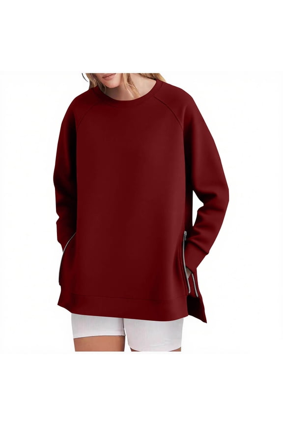 Women's Crew Neck Sweatshirt Casual Loose Long Sleeve Pullover Tops with Zip Side Split Fall Fashion Outfits