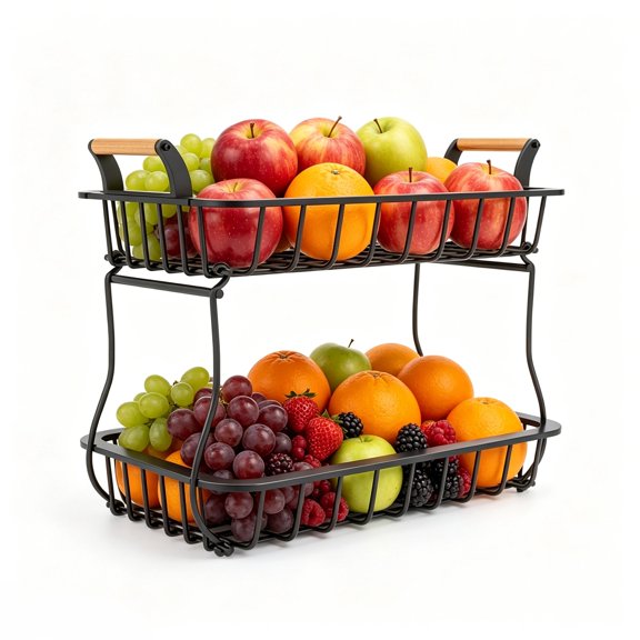 RYLZX  2 Tier Fruit Basket with 2 Banana Hangers, Countertop Fruit Vegetable Basket Bowl for Kitchen Counter Metal Wire Fruits Storage Stand Holder Organizer for Bread Snack Veggies Produce