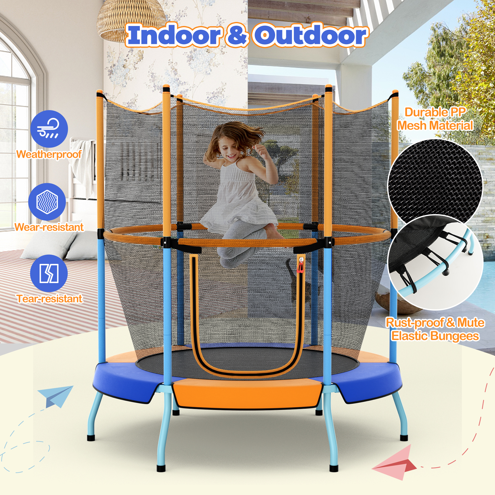 Infans 48"Toddler Trampoline for Kids with Safety Enclosure Net Heavy-duty Frame Orange