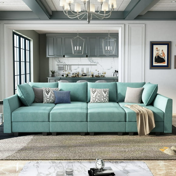 HONBAY Modern Convertible Sectional Sofa Couch Bed with Storage for Living Room Furniture Sets, Aqua Blue