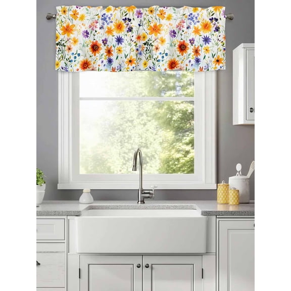 Watercolor Pastoral Wildflower Leaves Valances for Windows,Kitchen Valance Rod Pocket Short Curtain,Orange Floral Valance Curtain Window Valances for Bedroom Living Room 42x12in