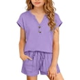thumbnail image 3 of Babcutegg Girls Two-Piece Casual Outfit – Short Sleeve Top and Drawstring Waist Shorts Set for Summer Loungewear and Everyday Wear Purple Size 4, 3 of 10
