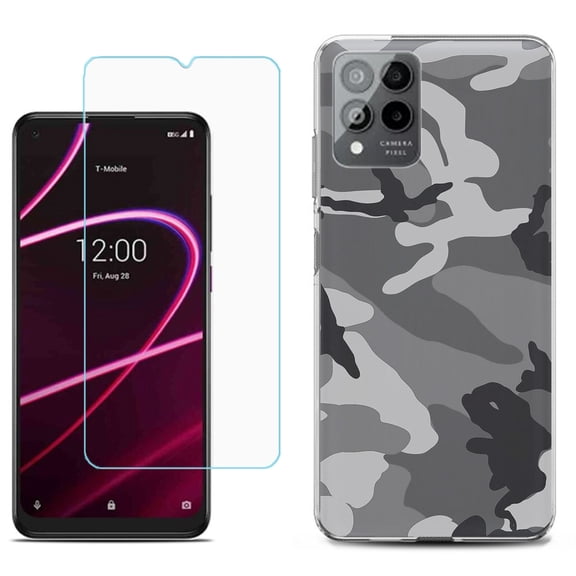Slim-Fit Gel TPU Phone Case for T-Mobile Revvl 6 Pro 5G, with Tempered Glass Screen Protector, by OneToughShield ® - Camo B/W