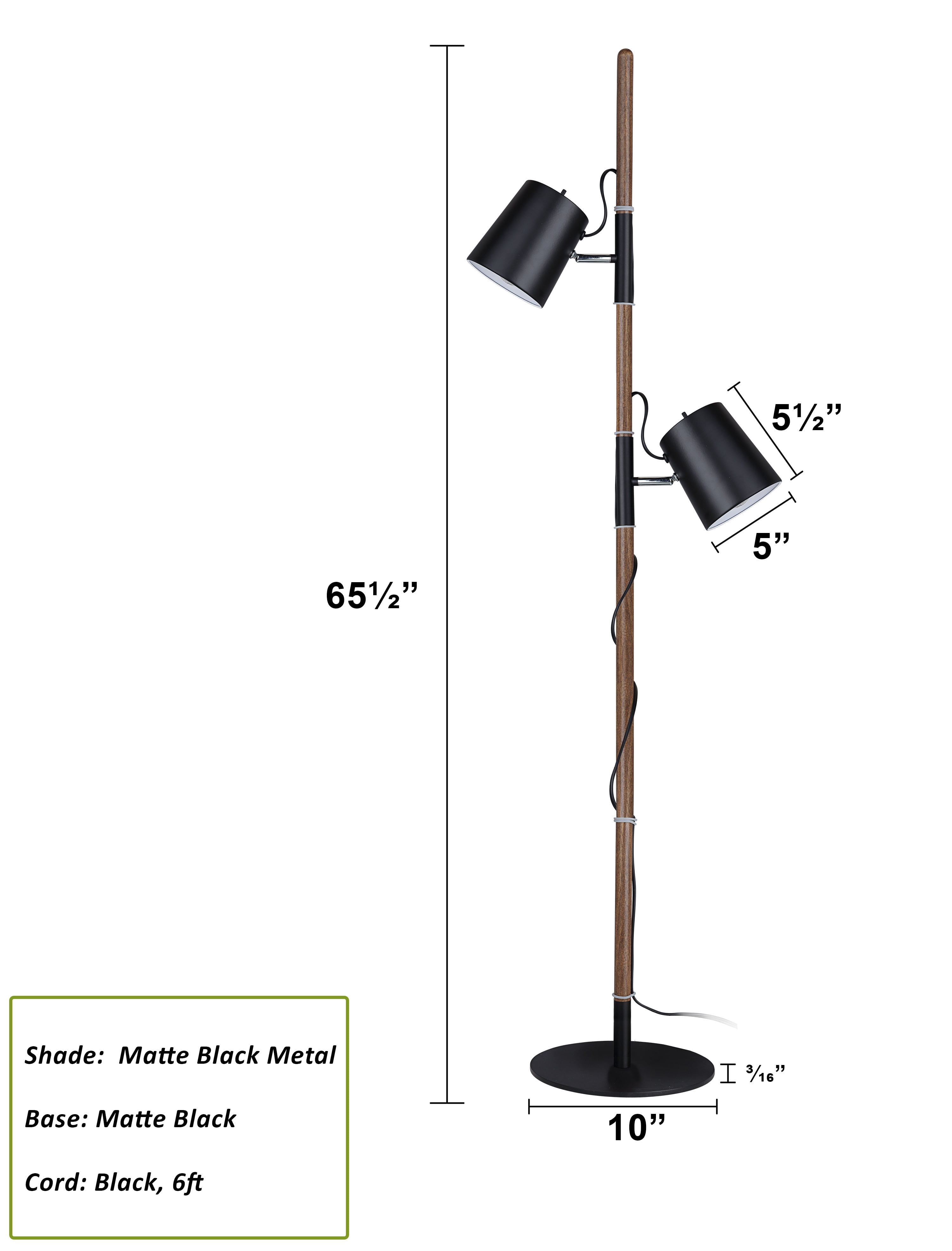 Aspen Creative 45018-21, Two-Light Adjustable Tree Floor Lamp, Modern Design in Matte Black, 61-1/2" High