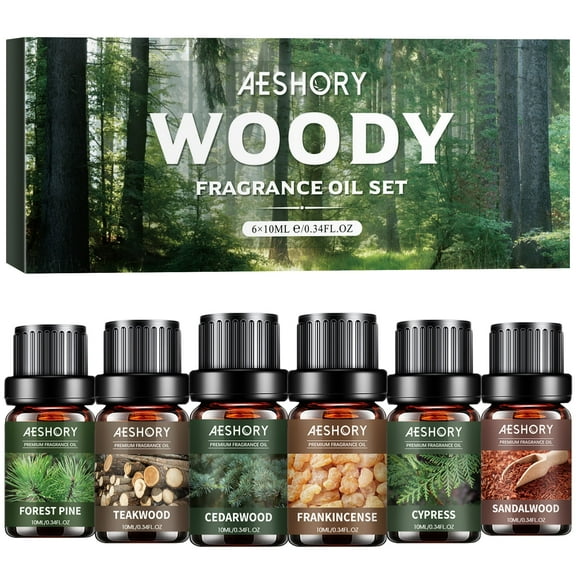 Aeshory Woody Essential Oils Set - 6x10 ml for Diffusers & Candle Making,  Woody Scents, 2.04FL.OZ