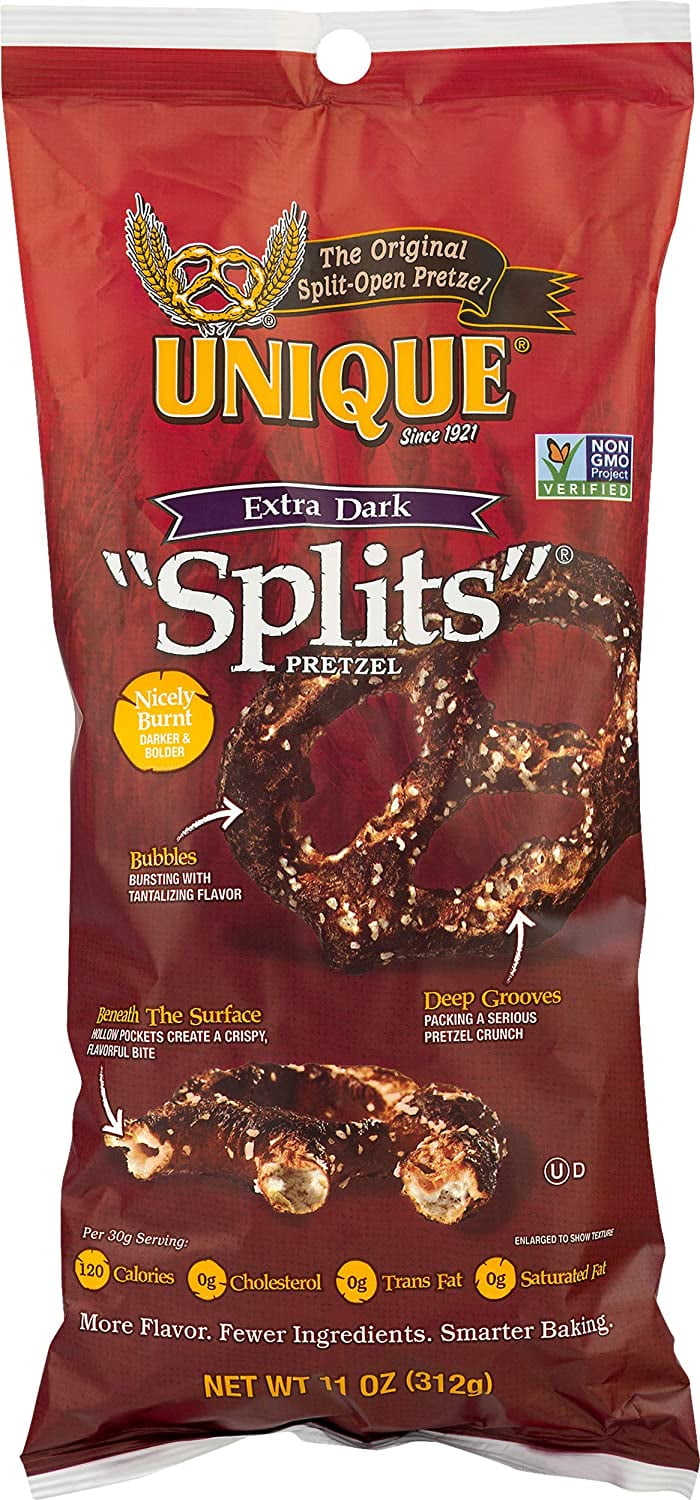 Unique Pretzels Extra Dark Splits Pretzels, Delicious Vegan Snack Pretzels, Large OU Kosher