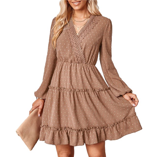 Vestido midi fluido para mujer, mangas largas de linterna, tela de puntos, cuello en V, costura de encaje, dobladillo escalonado, vestido oscilante para otoño invierno, caqui claro XL