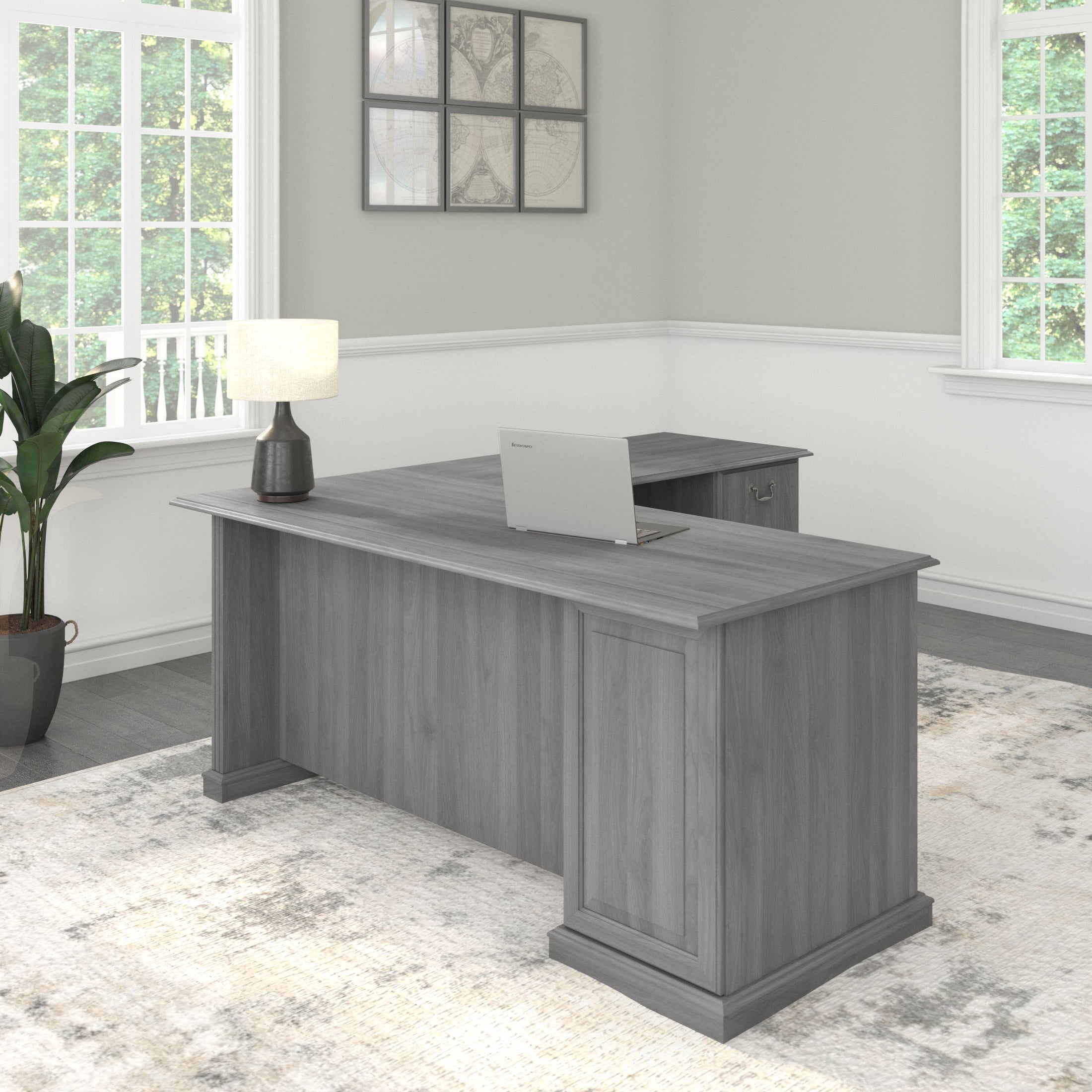 Bush Furniture Saratoga L Shaped Computer Desk with Drawers in Modern Gray