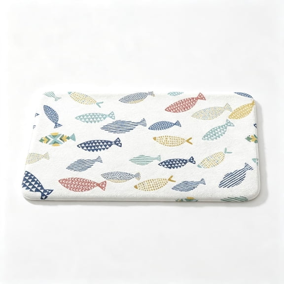 Colorful Geometric Fish Print Flannel Area Rug,Soft Absorbent Non Slip Indoor Floor Mat,Washable Polyester Carpet For Bathroom Bedroom Kitchen Entryway Decor