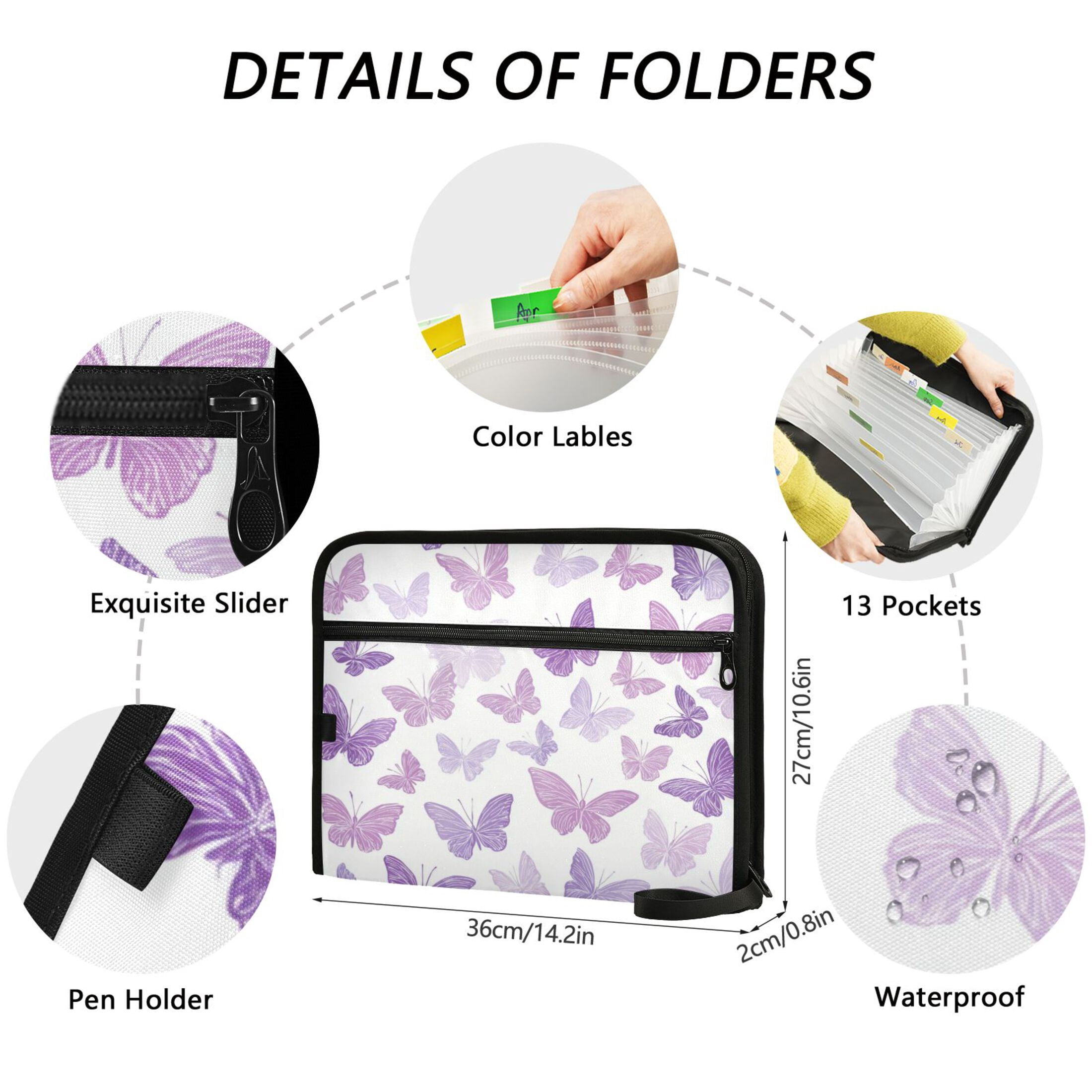 WOBOGO Purple Butterfly Expanding File Folder Letter Size Accordion Filing Organizer 13 Pocket Separate Organ Pocket