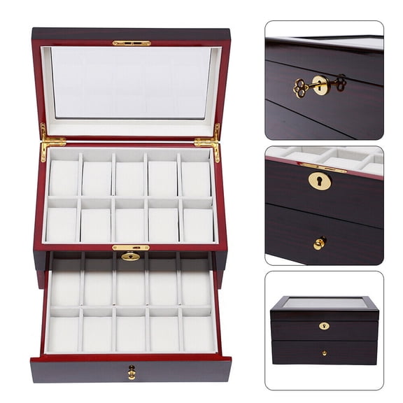 TFCFL 2 Layer 20 Slot Wood Watch Box Display Case Glass Top Jewelry Storage Organizer Box with Lock