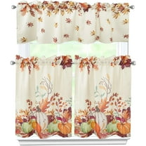 Fall Kitchen Curtains 3 Piece Set Pumpkin Maple Leaves Curtains Valance & Tiers for Kitchen Home Indoor Cafe 36 Inch Short Window Curtain Over Sink Window Farmhouse Thanksgiving Decor