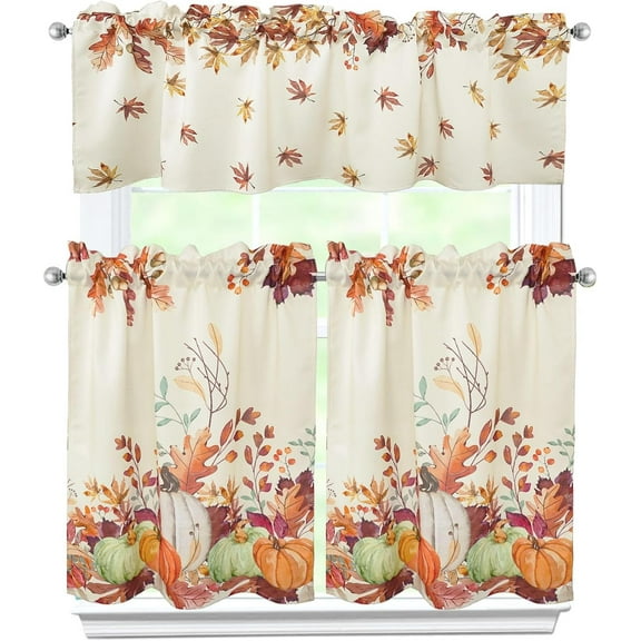 Fall Kitchen Curtains 3 Piece Set Pumpkin Maple Leaves Curtains Valance & Tiers for Kitchen Home Indoor Cafe 36 Inch Short Window Curtain Over Sink Window Farmhouse Thanksgiving Decor