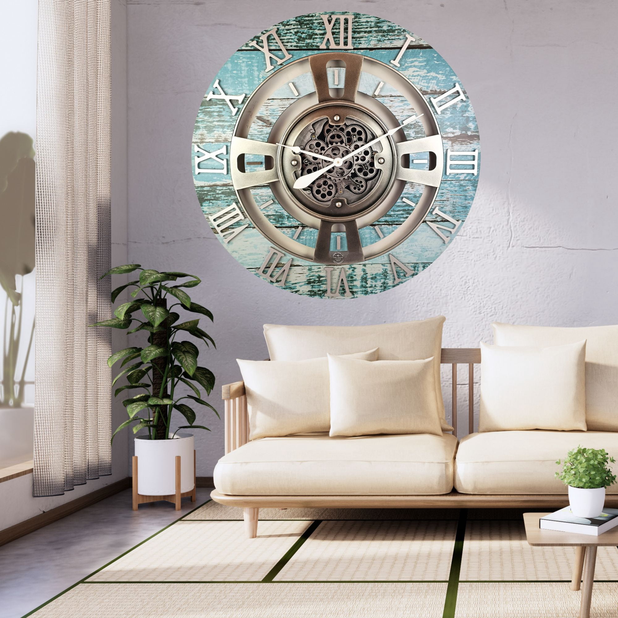 THE GEARS CLOCK Wall Clock with Real Moving Gears EN-LI_ 36 in Round Aqua-Green