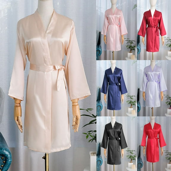 Sakmal Kimono Women Robes Knee Length Satin Bathrobe for Women House Beige Women Robe L