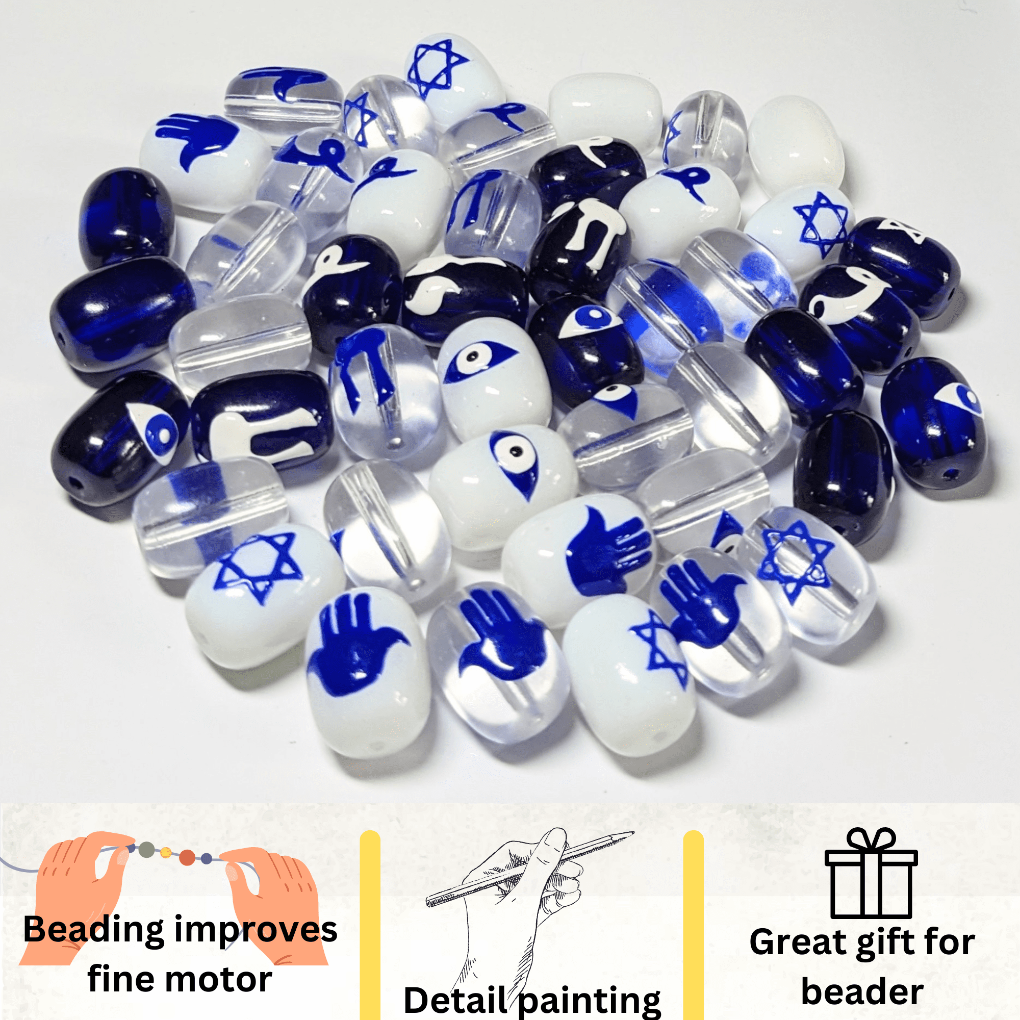 Hanukkah Glass Beads For Bracelet Making, Blue Clear Sameach Craft DIY Jewelry Supplies, Gift For Beader, 40 pcs