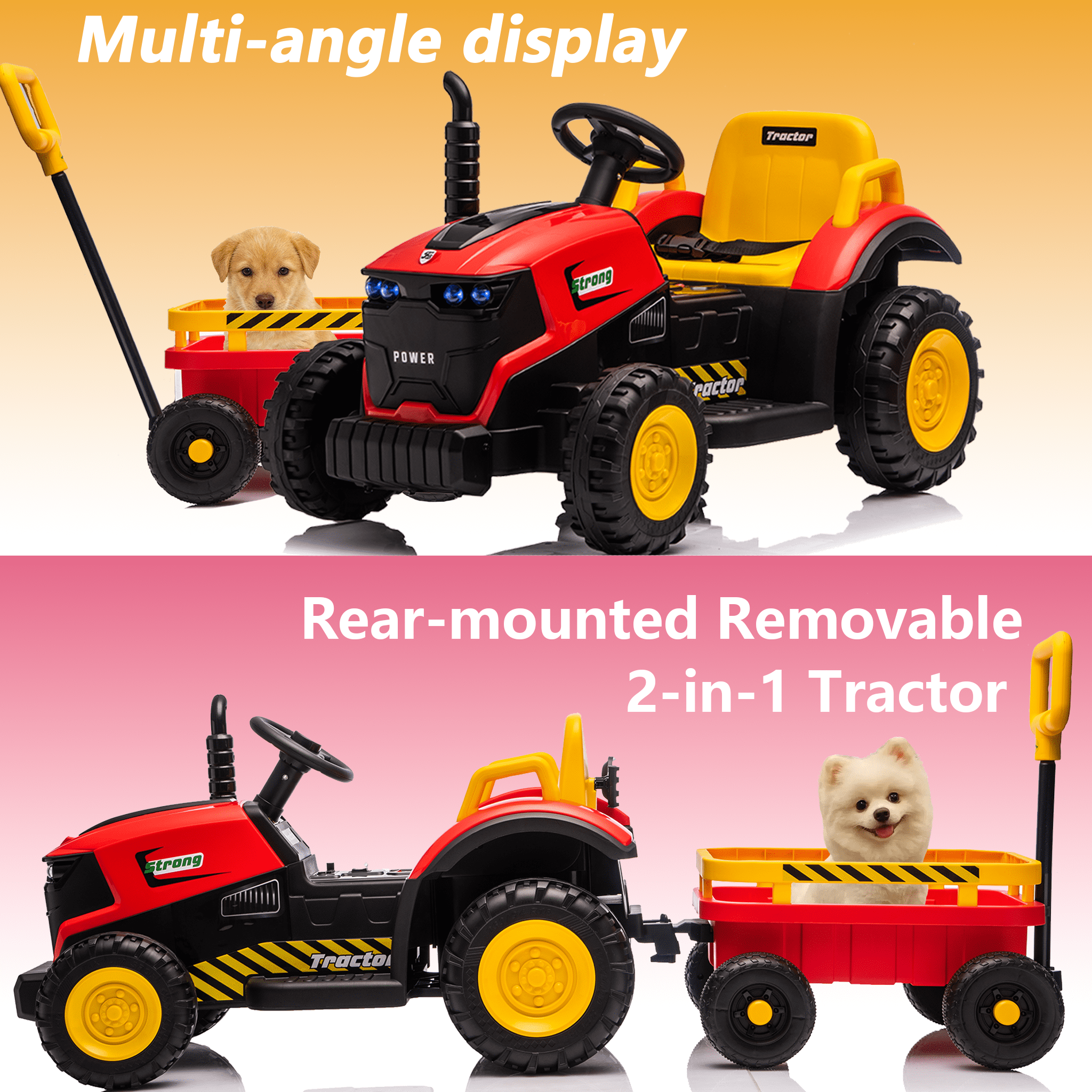 Juuar 12V 390W Kids Ride on Car for Boys Girls Ages 3 4 5 6 Years Old, Farm Tractor Ride on Toys with Trailer, Lights & Music, 5 MPH Fun Electric ATV with Remote Control for Birthday Gifts, Red