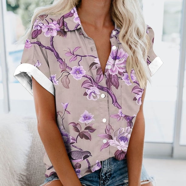 Fiudx Ofertas de La Semana Blusas de Manga Corta Estampadas Informales Regulares para Mujertop