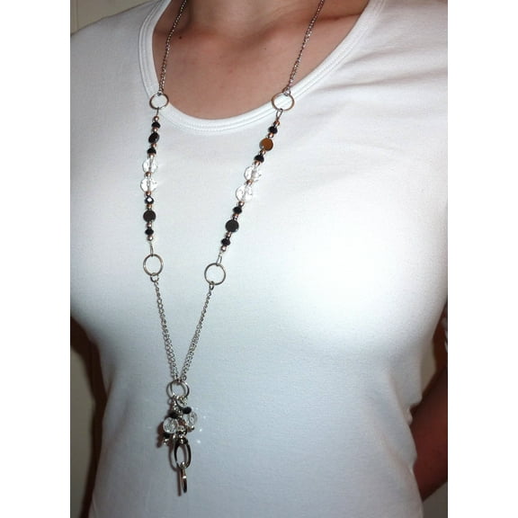 Hidden Hollow Beads Hematite & Crystals Lanyard ID badge holder Necklace,34"