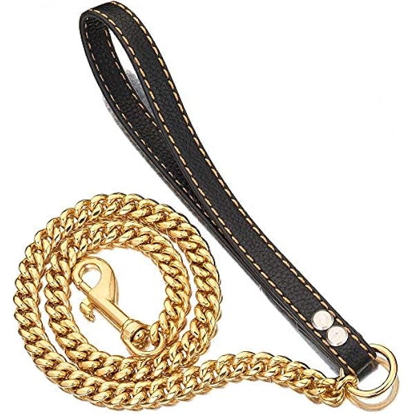 Chain Dog Leash Metal Chew Proof 12MM Pet Leash Chain with Leather Padded Handle for Large Medium Small Dogs(Total Length of 3ft)
