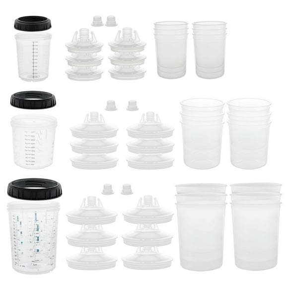 Master 3 Cup Size 6oz, 20oz, 27oz Variety Pack Set, Master Paint System MPS Disposable Paint Spray Gun Cup Liners and Lid System, 6 Pack Kit of Each Size