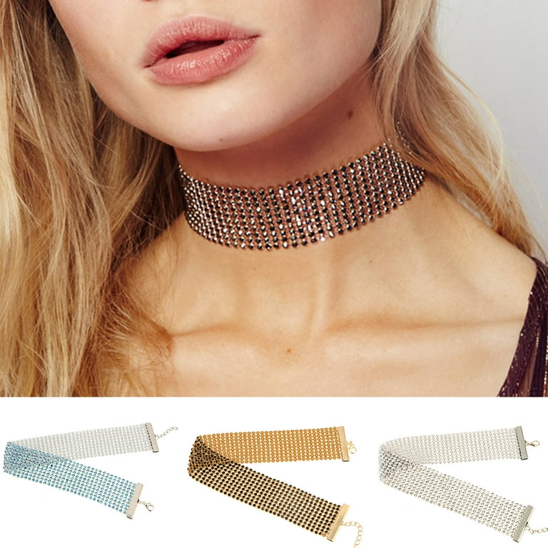 Yamaler Full Rhinestone Wide Choker Collar Alloy Adjustable Gothic Choker Necklace Jewelry Gift