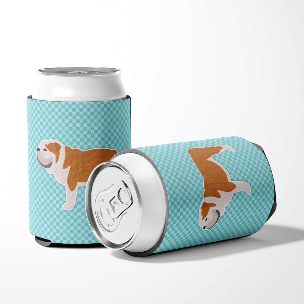 Carolines Treasures BB3762CC English Bulldog Checkerboard Blue Can or Bottle Hugger