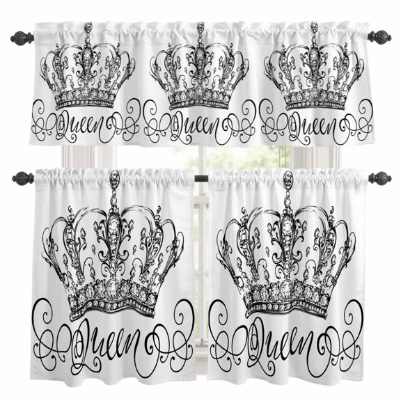 Abstract Line Kitchen Curtains and Valances Set, Retro Simple Black Crown Decor 3 Piece Curtains Valances and Tiers Set Rod Pocket for Kitchen Bathroom Windows 36 Inch