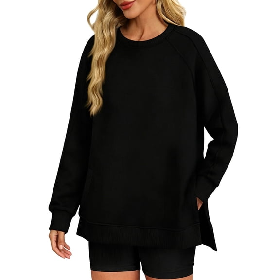 CAIVO Women Plus Size Ribbed Long Sleeve Side Slit Sweatshirt Crewneck Pullover Casual Loose Fit Tunic Tops Solid Color Lightweight Cozy Fall Streetwear
