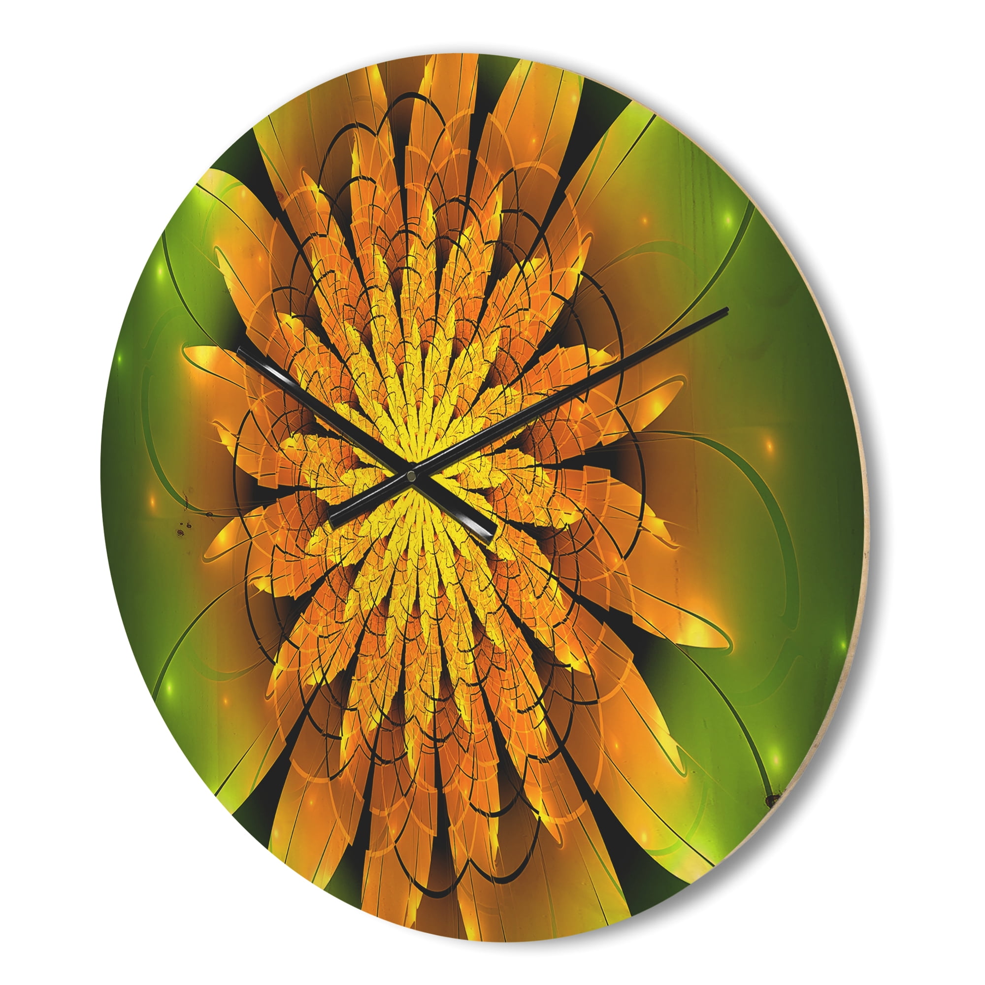 Designart 'Fractal Bright Yellow Flower on Green ' Modern Wood Wall Clock